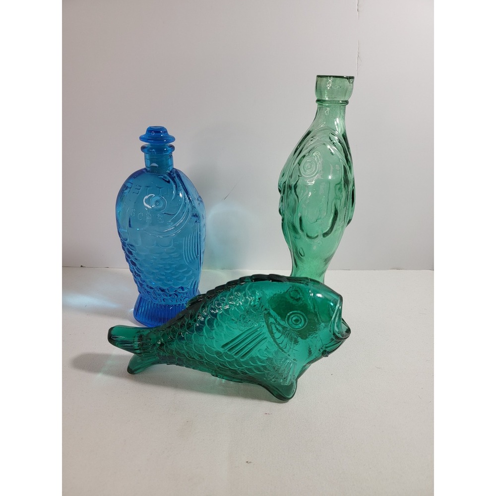 Vintage Glass Fish Bottle Collection Set of 3 Blue Green Teal Nautical Decor